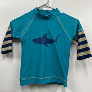 Mini Boden Kids' Shark Rashguard size 5-6y Teal and Navy upf 40+